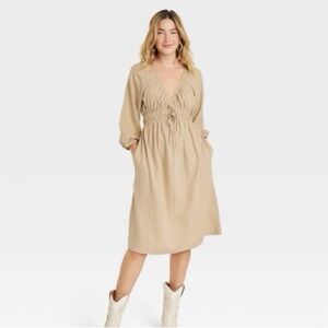 Universal Thread Tan Pleated Sundress with Bishop Sleeves